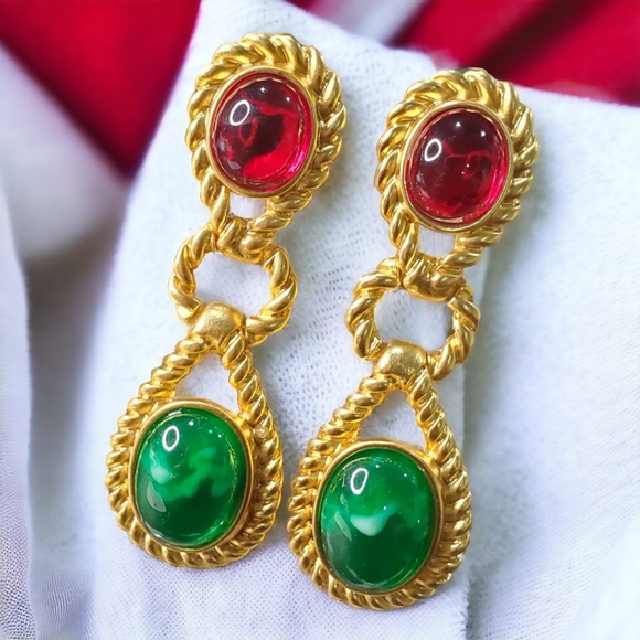 Mogul Glass Cabochon Twisted Rope Dangle Pierced Earrings - Picture 1 of 1